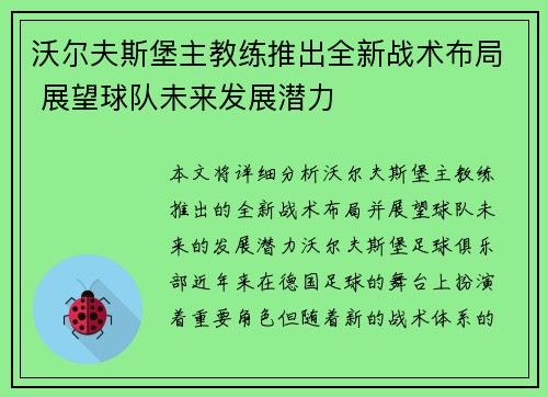 沃尔夫斯堡主教练推出全新战术布局 展望球队未来发展潜力